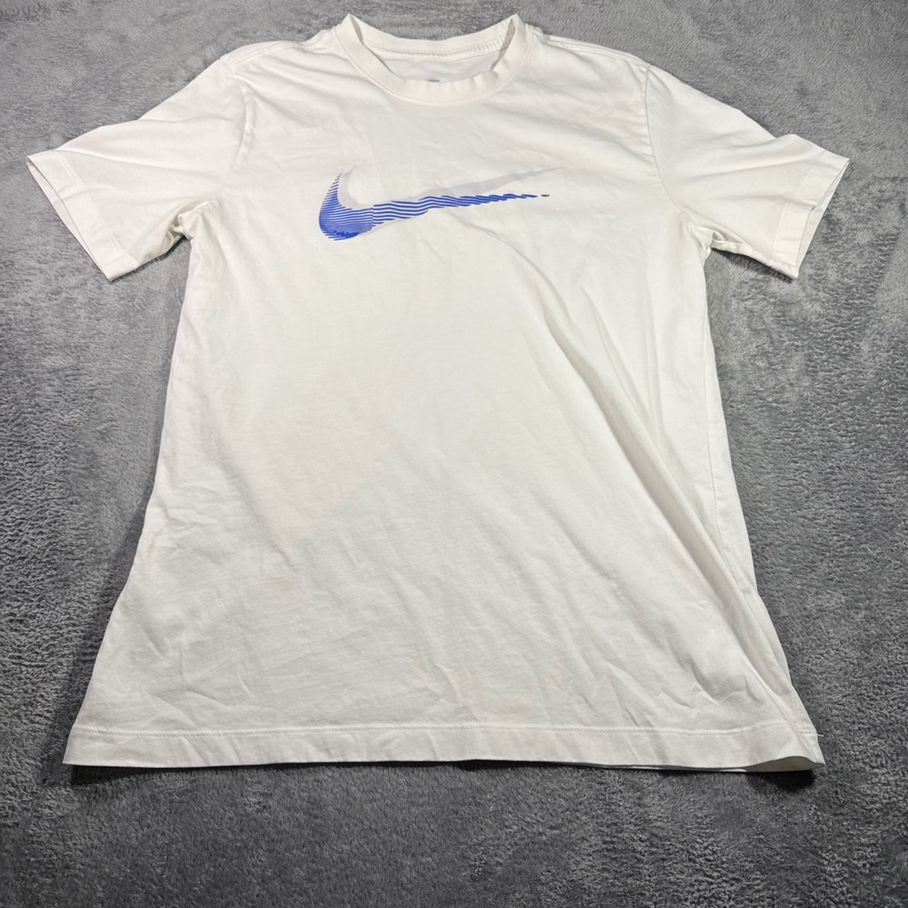 The‎ Nike Tee Mens Graphic White Blue Swoosh Logo Crew Neck Shirt Size Large